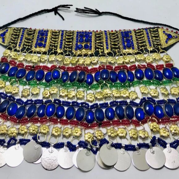 Blue Stone Beads Choker Necklace, Afghan Tribal Choker Necklace, Boho Statement - Picture 8 of 11